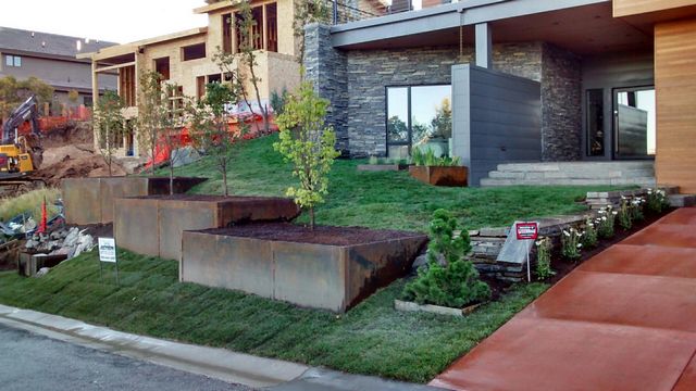 Large Planter boxes with small trees in front of a large home