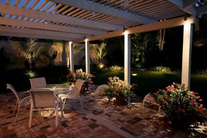 back patio at night with lighting